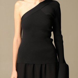 Theory One Shoulder Bell Sleeve Ribbed Top Size M